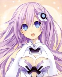  10s 1girl blue_eyes bodysuit breasts bright_pupils cleavage cleavage_cutout clothing_cutout elbow_gloves female_focus gloves happy heart heart_hands highres long_hair looking_at_viewer nepgear neptune_(series) purple_hair purple_sister smile solo symbol-shaped_pupils tsunako upper_body  rating:Sensitive score:25 user:Aphrah