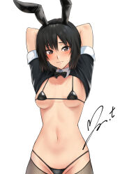  1girl amagami animal_ears arms_behind_head bikini black_bikini black_bow black_bowtie black_eyes black_hair black_thighhighs blush bob_cut bow bowtie breasts closed_mouth commentary_request detached_collar fake_animal_ears groin hair_between_eyes highres light_smile looking_at_viewer medium_breasts meme_attire micro_bikini nanasaki_ai navel nontraditional_playboy_bunny rabbit_ears reverse_bunnysuit reverse_outfit short_hair shrug_(clothing) signature simple_background solo stomach string_bikini sweatdrop swimsuit thighhighs underboob white_background yoo_tenchi  rating:Questionable score:24 user:danbooru