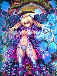&gt;:) 1girl armor blonde_hair blue_eyes blush breasts bun_cover chloris_garden cleavage copyright_name double_bun covered_erect_nipples fangs fingerless_gloves forked_tongue gloves hexagon hijikawa_arashi large_breasts looking_at_viewer machinery navel official_art pauldrons revealing_clothes rocket_launcher short_hair_with_long_locks shoulder_armor smile snake solo tongue turtleneck twintails two_side_up v-shaped_eyebrows weapon white_gloves rating:Questionable score:11 user:danbooru