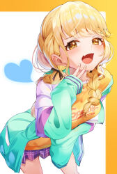  1girl absurdres blonde_hair blush braid commentary_request fang fof_(fof_0016) fujita_kotone gakuen_idolmaster green_jacket hair_ribbon hand_to_own_mouth highres idolmaster jacket leaning_forward long_hair long_sleeves looking_at_viewer miniskirt multicolored_clothes multicolored_jacket open_clothes open_jacket open_mouth orange_shirt pleated_skirt purple_skirt ribbon shirt skin_fang skirt sleeves_past_fingers sleeves_past_wrists smile solo twin_braids yellow_eyes 