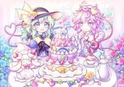  2girls :d alcremie alcremie_(ruby_cream) alcremie_(strawberry_sweet) apron black_headwear blue_flower blue_rose blueberry blush bow bowtie buttons cake candy closed_mouth clover commentary commission creatures_(company) cup diamond_button flower food fork frilled_hairband frilled_shirt_collar frilled_sleeves frills fruit game_freak gen_8_pokemon green_eyes green_hair hair_ornament hairband hand_on_own_chin hand_up hands_up hat hat_bow hat_flower heart heart_button heart_hair_ornament heart_in_eye heart_of_string holding holding_fork indoors komeiji_koishi komeiji_satori leaf long_hair long_sleeves looking_at_food messy_hair miy_001 multiple_girls nintendo open_mouth pink_eyes pink_hair plate pokemon pokemon_(creature) purple_flower purple_rose red_bow red_bowtie red_flower red_hairband red_rose ribbon_trim rose saucer shirt short_hair siblings sisters skeb_commission sleeves_past_fingers sleeves_past_wrists smile sparkling_eyes star_(symbol) symbol_in_eye teacup teapot third_eye touhou wavy_hair white_apron wide_sleeves window yellow_bow yellow_flower yellow_rose yellow_shirt 