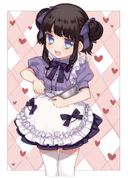  1girl :d apron bad_id bad_pixiv_id black_hair black_ribbon black_skirt blue_eyes border bowl cowboy_shot cropped_legs double_bun fang frilled_apron frills hair_bun heath_(artist) highres holding holding_bowl holding_whisk kurosu_aroma looking_at_viewer neck_ribbon open_mouth pretty_series pripara puffy_short_sleeves puffy_sleeves purple_ribbon purple_shirt ribbon shirt short_sleeves skirt smile solo standing thighhighs whisk white_apron white_border white_thighhighs 