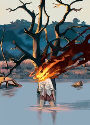  1girl arms_at_sides azuzatori bare_tree car collared_shirt commentary_request day drum_(container) embers facing_viewer fire flaming_head highres leaning_forward loose_necktie motor_vehicle mountainous_horizon necktie original outdoors partially_immersed pleated_skirt pond red_necktie red_skirt shirt skirt sleeves_rolled_up smoke solo tree wading white_shirt wide_shot 