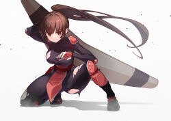  1girl absurdres black_bodysuit bodysuit boomerang breasts brown_eyes brown_hair commentary_request dust elbow_pads fingerless_gloves gloves highres hiraikotsu inuyasha itou_kazuki japanese_clothes large_breasts long_hair looking_at_viewer ninja ponytail sandals sango_(inuyasha) sash shoulder_pads signature solo squatting torn_bodysuit torn_clothes weapon_behind_back 