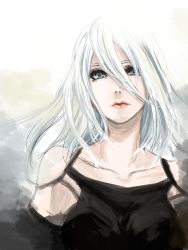  1girl android bare_shoulders blue_eyes breasts hiderunrun highres long_hair looking_at_viewer nier_(series) nier:automata simple_background solo square_enix standing white_hair a2_(nier:automata)  rating:Sensitive score:9 user:NieR2B