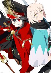  2girls ;d ahoge back-to-back black_coat black_hair black_hat black_scarf black_thighhighs blonde_hair cape closed_mouth coat commentary_request fate_(series) grin haori hat highres japanese_clothes koha-ace long_hair looking_at_viewer multiple_girls oda_nobunaga_(fate) oda_nobunaga_(koha-ace) oda_uri okita_souji_(fate) okita_souji_(koha-ace) one_eye_closed open_mouth peaked_cap pirohi_(pirohi214) red_cape red_eyes scarf short_hair simple_background smile sword thighhighs weapon white_background yellow_eyes 