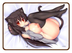  1girl ahoge animal_ear_fluff animal_ears black_thighhighs blush breasts brown_hair cat_ears cat_tail closed_mouth full_body grey_sweater hair_between_eyes large_breasts long_hair long_sleeves looking_at_viewer lying mia_flatpaddy naked_sweater nipples no_bra no_panties no_shoes on_side original red_eyes ribbed_sweater smile solo sweater syroh tail thighhighs 