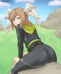  absurdres ass blue_eyes brown_hair eunie_(xenoblade) grass highres jacket looking_at_viewer looking_back nintendo rock seductive_smile sitting sitting_on_object skin_tight sky smile triggerpigart wings xenoblade_chronicles_(series) xenoblade_chronicles_3  rating:General score:13 user:trigger101