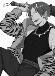  1boy :d absurdres animal_print club club_(weapon) highres holding holding_weapon hood hood_down horns jacket jewelry kanabou kankitukou long_sleeves male_focus necklace open_clothes open_jacket open_mouth pants pointy_ears simple_background smile solo tank_top tiger_print weapon 