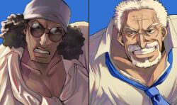  2boys absurdres afro beard collared_shirt duel facial_hair frown goatee goatee_stubble grin head_scarf highres kuzan_(aokiji) loose_necktie male_focus mature_male monkey_d._garp multiple_boys muscular muscular_male mustache_stubble necktie official_alternate_costume old old_man one_piece pectoral_cleavage pectorals portrait shirt short_hair smile split_screen stubble sunglasses thick_beard thick_eyebrows thick_mustache wame_rkgkaka wrinkled_skin 