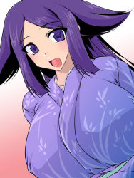  1girl blush breasts huge_breasts japanese_clothes kimono long_hair looking_at_viewer mushibugyou oharu_(mushibugyou) open_mouth purple_eyes purple_hair smile solo soushin_souma 