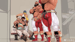 4boys abs ass bag bara beard body_fur bracelet bulge character_request chest_hair cross-laced_clothes cross-laced_legwear dark-skinned_male dark_skin el_fuerte facial_hair from_below full_beard grin hand_on_own_chin head_out_of_frame headband highres jewelry large_pectorals light_blush looking_at_another male_focus mature_male mohawk multiple_boys muscular muscular_male navel navel_hair nipples official_alternate_costume pectorals reflection_focus ryu_(street_fighter) shopping_bag short_hair smile solo_focus spiked_bracelet spikes standing stomach street_fighter street_fighter_6 stroking_own_chin strongman_waist thick_beard thick_chest_hair thick_eyebrows thick_navel_hair thick_thighs thighs tooboshoo topless_male wrestler wrestling_mask yaoi zangief