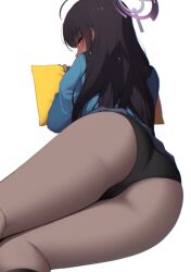  1girl ahoge ass black_hair black_panties black_socks blue_archive blue_nails blue_shirt blurry blush clothes_lift commentary covered_mouth dark-skinned_female dark_skin depth_of_field earrings feet_out_of_frame fingernails from_behind grey_skirt half-closed_eyes halo hand_up highres holding holding_pillow jewelry karin_(blue_archive) kneehighs long_hair long_sleeves looking_at_viewer looking_back lying miniskirt nail_polish on_side panties pillow pleated_skirt profile purple_halo school_uniform shirt sideways_glance skirt skirt_lift socks solo stud_earrings underwear yellow_eyes ziroqon  rating:Sensitive score:21 user:danbooru