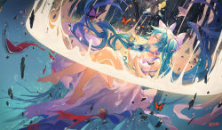 1girl animal aqua_hair arm_ribbon artist_name atdan bare_legs bare_shoulders bare_tree barefoot blue_hair bow breasts broken bug butterfly choker dress closed_eyes falling floating_hair flower from_side full_body glass hair_bow hatsune_miku highres holding insect letter light_particles liquid long_hair parted_lips profile ribbon shards signature small_breasts spill tree twintails very_long_hair vocaloid water_drop white_bow white_dress rating:Sensitive score:21 user:danbooru