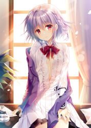  1boy :v asuka_minato blazer blush bow bowtie braid buttoned_cuffs buttons closed_mouth commentary_request curtains day desk frilled_shirt frilled_shirt_collar frills hand_on_leg hand_on_own_thigh highres indoors jacket jacket_partially_removed knees_out_of_frame lapels light_rays long_sleeves looking_at_viewer male_focus medium_hair notched_lapels on_desk open_clothes otome_domain paper partially_unbuttoned plant pleated_skirt purple_jacket red_bow red_bowtie red_eyes runes school_uniform shirt sidelocks single_braid sitting skirt sleeve_cuffs smile solo sunbeam sunlight tatekawa_mako trap vase white_shirt white_skirt window 