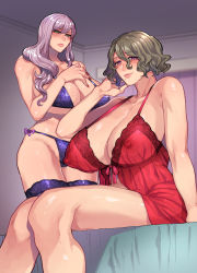  2girls babydoll bare_shoulders bed_sheet blue_eyes blush breasts brown_hair cleavage closed_mouth commentary_request covered_erect_nipples curtains from_below hair_between_eyes highres huge_breasts indoors lingerie long_hair looking_at_viewer mature_female mogiki_hayami mole mole_under_mouth multiple_girls nail_polish original panties pink_lips purple_eyes purple_hair purple_legwear purple_panties red_nails see-through short_hair sitting thighs underboob underwear wavy_hair  rating:Questionable score:113 user:danbooru