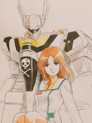  1080kazuo 1980s_(style) 1girl battroid choujikuu_yousai_macross commentary_request energy_cannon hayase_misa jolly_roger light_brown_hair long_hair looking_at_viewer macross macross:_do_you_remember_love? mecha military military_uniform oldschool retro_artstyle robot scan science_fiction sitting sketch smirk traditional_media u.n._spacy uniform upper_body vf-1 vf-1s 
