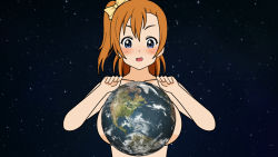 10s 1girl blue_eyes blush bow breasts convenient_censoring earth_(planet) g-seed2010 giant giantess hair_bow highres huge_giantess kosaka_honoka large_breasts long_hair love_live! love_live!_school_idol_project nude open_mouth orange_hair planet side_ponytail smile solo space star_(sky) upper_body