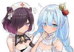 2girls puff_of_air azur_lane bare_shoulders bell black_bow black_bowtie blue_eyes blue_hair blush bow bowtie braid breasts cleavage cleavage_cutout closed_mouth clothing_cutout commentary cone_hair_bun crown detached_collar dress elbow_gloves flying_sweatdrops frilled_dress frills gloves hair_between_eyes hair_bun hair_over_one_eye hair_ribbon hand_up hat janus_(azur_lane) jervis_(azur_lane) long_hair looking_at_viewer low_twintails medium_breasts mini_crown multiple_girls neck_bell nurse_cap purple_eyes purple_hair ribbon schreibe_shura short_hair sidelocks simple_background sleeveless sleeveless_dress small_breasts standing twintails upper_body white_background white_dress white_gloves white_ribbon wrist_cuffs