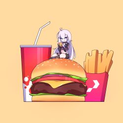  1girl blue_eyes burger cross_(vgne4542) eating ember_amane food french_fries highres long_hair phase_connect simple_background virtual_youtuber 