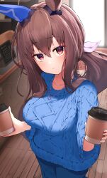  1girl absurdres admire_vega_(umamusume) alternate_costume animal_ears blush breasts brown_eyes brown_hair cafe closed_mouth cup ear_covers hair_between_eyes highres holding holding_cup horse_ears horse_girl horse_tail indoors jewelry large_breasts long_hair long_sleeves looking_at_viewer low_ponytail necklace ponytail shirt shumai_il single_ear_cover solo sweater tail umamusume 