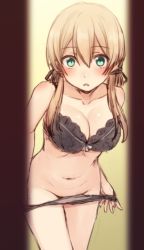 10s 1girl :o anchor_hair_ornament bare_arms bare_shoulders black_bra black_panties blonde_hair blush bra breasts cleavage collarbone cowboy_shot fitting_room green_eyes groin hair_between_eyes hair_ornament kantai_collection leaning_forward lingerie long_hair low_twintails medium_breasts nagami_yuu navel no_headwear open_mouth panties panty_pull prinz_eugen_(kancolle) pulling_own_clothes solo standing stomach tareme twintails underwear underwear_only undressing rating:Questionable score:69 user:danbooru