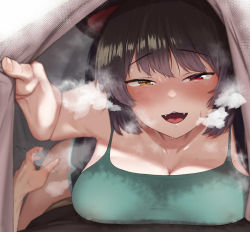 1girl animal_ears blanket blush breast_press breasts brown_hair camisole cleavage covered_erect_nipples dog_ears fangs gamarenji girl_on_top green_shirt half-closed_eyes heavy_breathing heterochromia inui_toko long_hair looking_at_viewer lying medium_breasts naughty_face nijisanji on_back on_bed open_mouth pov pov_crotch pov_hands red_eyes shirt short_shorts shorts sleeveless sleeveless_shirt solo_focus spaghetti_strap steam steaming_body sweat textless_version under_covers virtual_youtuber yellow_eyes rating:Questionable score:156 user:danbooru