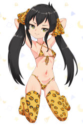 1girl animal_print armpits arms_up black_hair breasts cjhomics closed_mouth full_body idolmaster idolmaster_cinderella_girls idolmaster_cinderella_girls_u149 kneeling leopard_print leopard_print_bikini loli long_hair matoba_risa navel skindentation small_breasts smile solo thighhighs twintails white_background yellow_eyes