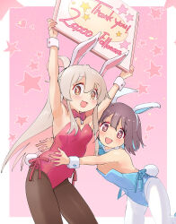  2girls :d ahoge animal_ear_hairband animal_ears armpits arms_up bare_arms bare_shoulders black_pantyhose blue_bow blue_bowtie blue_hair blush bow bowtie breasts brown_eyes brown_hair colored_inner_hair commentary_request detached_collar fake_animal_ears fake_tail flat_chest genderswap genderswap_(mtf) hair_between_eyes hairband heart highres holding holding_sign hozuki_momiji hug kyarahiba leotard long_hair looking_at_viewer matching_outfits multicolored_hair multiple_girls onii-chan_wa_oshimai! open_mouth oyama_mahiro pantyhose pink_background pink_hair playboy_bunny rabbit_ears rabbit_tail red_bow red_bowtie short_hair sign simple_background small_breasts smile star_(symbol) strapless strapless_leotard tail thank_you two-tone_hair white_pantyhose wrist_cuffs 