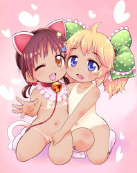 2girls animal_ears bell bib blush cat_ears cat_tail cleft_of_venus copyright_request fat_mons heart highres loli looking_at_viewer multiple_girls nipples no_panties nude one_eye_closed open_mouth ptisfood pussy shiny_skin tail tan tanline uncensored rating:Explicit score:21 user:Domestic_Importer