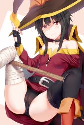 10s 1girl bandages belt black_hair black_panties black_thighhighs blush breasts cameltoe cape cleft_of_venus collar commentary dress fingerless_gloves gloves hat hews kono_subarashii_sekai_ni_shukufuku_wo! looking_at_viewer megumin panties red_dress red_eyes short_hair single_thighhigh sitting small_breasts solo spread_legs staff thighhighs underwear witch_hat rating:Questionable score:84 user:danbooru