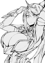  1girl armor blush breasts cleavage female_focus gatyo_5 greyscale highres huge_breasts large_breasts long_hair monochrome nintendo pneuma_(xenoblade) ponytail solo spoilers tagme xenoblade_chronicles_(series) xenoblade_chronicles_2  rating:Questionable score:13 user:hxfbx