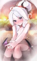 1girl ahoge bare_shoulders bathing blue_archive blush closed_mouth collarbone demon_horns female_focus flat_chest hand_on_own_knee highres hina_(blue_archive) horns loli looking_at_viewer multiple_horns nude oomabiblogo2 purple_eyes sitting steam water wings rating:Questionable score:30 user:danbooru