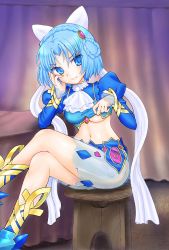 10s 1girl absurdres ascot blue_eyes blue_hair braid breasts clothes_lift highres jewelry ludmila_lourie madan_no_ou_to_vanadis midriff navel panties ribbon see-through shirt_lift shoes short_hair skirt smile underboob underwear rating:Sensitive score:18 user:wereAR