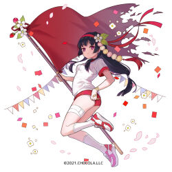  1girl bandaid bandaid_on_hand bandaid_on_wrist black_hair breasts buruma closed_mouth commentary_request flag flower food fruit gym_shirt gym_uniform hair_flower hair_ornament hairband holding holding_flag long_hair miyoshino official_art panties panties_under_buruma pennant petals purple_eyes red_buruma red_footwear red_hairband shirt shoes short_sleeves simple_background small_breasts smile socks solo strawberry strawberry_daifuku_(sugar_conflict) string_of_flags sugar_conflict torn_flag underwear very_long_hair white_background white_flower white_panties white_shirt white_socks 