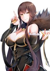  1girl absurdres bare_shoulders black_dress blush breasts bridal_gauntlets brown_hair cleavage detached_sleeves dress fate/apocrypha fate_(series) fur_trim gold_trim highres large_breasts len_(hand_linke) long_hair looking_at_viewer pointy_ears semiramis_(fate) sidelocks smile solo spikes very_long_hair yellow_eyes 