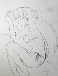  1girl barefoot bed bikini breasts closed_eyes dated feet from_side hair_ribbon highres large_breasts legs long_hair lying monochrome nakoruru open_mouth ribbon samurai_spirits sideboob sketch sleeping snk solo swimsuit the_king_of_fighters thighs traditional_media 
