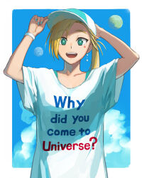  1girl aqua_eyes arms_up b_suke blonde_hair border calamity_jane_(fate) cloud fate/grand_order fate_(series) hat highres looking_at_viewer one_side_up open_mouth planet print_shirt shirt smile solo star_(symbol) teeth text_print upper_body upper_teeth_only white_border white_hat white_shirt wristband  rating:General score:2 user:danbooru