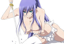 00s 1girl angry aqua_eyes breasts clenched_teeth covering_privates covering_breasts defeat fujimaru_(kinakomucch) himemiya_chikane josei_nyoshou kannazuki_no_miko large_breasts long_hair purple_hair skirt solo sword teeth thighhighs topless torn_clothes weapon white_background white_thighhighs
