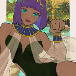 1girl absurdres arm_support artist_name black_one-piece_swimsuit bob_cut breasts cleavage clothing_cutout highres lying medium_breasts menat on_side one-piece_swimsuit palm_tree purple_hair red_lips see-through short_hair side_cutout solo street_fighter street_fighter_v swimsuit tamao_no_ta toned_female tree water