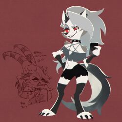  1boy 1girl animal_ear_piercing black_shorts black_thighhighs blitzo_(helluva_boss) collar colored_sclera father_and_daughter full_body furry furry_female grey_hair grey_shirt grin growling hand_on_another&#039;s_head hand_on_own_hip helluva_boss highres holding holding_phone long_hair loona_(helluva_boss) midriff multiple_views phone red_background red_sclera shirt shorts slit_pupils smile spiked_collar spikes standing thighhighs toe_claws toeless_legwear translation_request ukata wolf_girl 