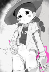  1girl bar_censor between_labia blush_stickers bracelet braid breath censored cleft_of_venus clothes_pull collared_shirt cowboy_shot female_focus female_masturbation from_below gluteal_fold hat highres jewelry loli looking_down masturbation miss_goldenweek monochrome nanina_(nijnan) navel one_piece paintbrush parted_bangs pointless_censoring pulled_by_self pussy shirt short_sleeves skirt skirt_pull solo spot_color standing tareme twin_braids twintails upshirt  rating:Explicit score:258 user:ZDragonX