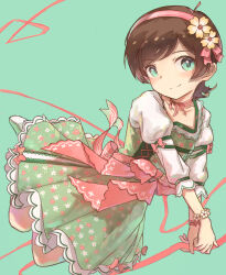  1girl absurdres ahoge blush breasts brown_hair closed_mouth collarbone dot_nose dress flipped_hair floral_print_dress flower flower_bracelet frilled_dress frills full_body green_background green_dress green_eyes hair_flower hair_ornament hairband highres idolmaster idolmaster_million_live! idolmaster_million_live!_theater_days kinoshita_hinata light_smile looking_at_viewer own_hands_together parted_bangs pink_hairband ribbon shirafu_ne short_hair sleeves_past_elbows small_breasts solo waist_ribbon wrist_ribbon 