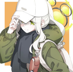 1girl black_scarf blue_archive closed_mouth green_eyes green_halo green_jacket grey_hair halo hare_(blue_archive) hare_(camp)_(blue_archive) hat hood hood_down hooded_jacket jacket long_hair long_sleeves official_alternate_costume open_clothes open_jacket ponytail sakuraba_yuuki scarf smile solo upper_body white_hat