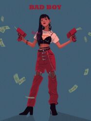  1girl animification artist_name banknote black_bra black_hair blunt_bangs boots bra bracelet commentary crop_top diamond_earrings earrings english_commentary full_body highres holding jewelry k-pop long_hair looking_at_viewer money money_rain motekill necklace pants real_life red_pants red_velvet_(group) seulgi_(red_velvet) shadow simple_background solo underwear 