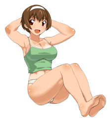 00s 10s 1girl a1_(initial-g) abs armpits arms_behind_back arms_behind_head arms_up barefoot breasts brown_hair camisole dorsiflexion exercising feet female_focus full_body hairband highres hinako_(issho_ni_training) issho_ni_training large_breasts legs muscular no_pants one-piece_tan open_mouth panties red_eyes short_hair simple_background sit-up sitting smile soles solo tan tanline toes underwear white_background white_panties rating:Questionable score:51 user:danbooru