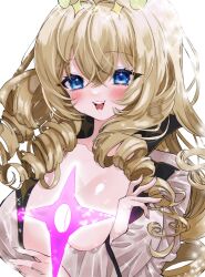 1girl :d blonde_hair blue_eyes blush breasts crown_(naked_king)_(nikke) crown_(nikke) diadem drill_hair goddess_of_victory:_nikke hair_ornament headgear large_breasts long_hair looking_at_viewer open_clothes open_mouth open_shirt shirt smile solo uniofthedead white_shirt