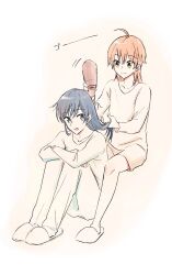  2girls black_hair blue_eyes brown_background brown_eyes closed_mouth commentary_request drying drying_hair hair_dryer hand_in_another&#039;s_hair highres holding holding_hair_dryer koito_yuu long_hair long_sleeves multiple_girls nanami_touko nyamo open_mouth orange_hair pants shorts sitting slippers smile two-tone_background white_background yagate_kimi_ni_naru 
