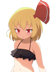  1girl alternate_costume anime_coloring bikini black_bikini blonde_hair cato_(monocatienus) commentary_request eyes_visible_through_hair frilled_bikini frills groin hair_ribbon highres looking_down medium_hair navel parted_lips red_eyes red_ribbon ribbon rumia simple_background solo standing sweatdrop swimsuit touhou upper_body white_background 