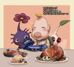  1boy big_nose black_eyes blonde_hair blue_flower blue_gloves border bowl bulborb buttons closed_eyes colored_skin commentary_request flower food food_request gloves green_bag hand_on_table holding holding_bowl holding_lid leaf light_blush looking_at_food louie_(pikmin) male_focus nintendo no_headwear no_mouth onion_(pikmin) open_mouth orange_background pikmin_(creature) pikmin_(series) pink_flower plate pointy_ears purple_hair purple_pikmin purple_skin red_eyes short_hair simple_background solid_circle_eyes soup spacesuit sparkle steam translation_request upper_body usuba_(hatomugip) very_short_hair white_border white_flower white_pikmin white_skin yellow_flower 